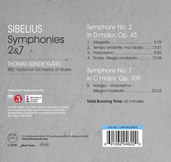 Albumhoes met tekst 'Sibelius Symphonies 2 & 7', Thomas Søndergård, BBC National Orchestra of Wales, productinformatie en barcode.