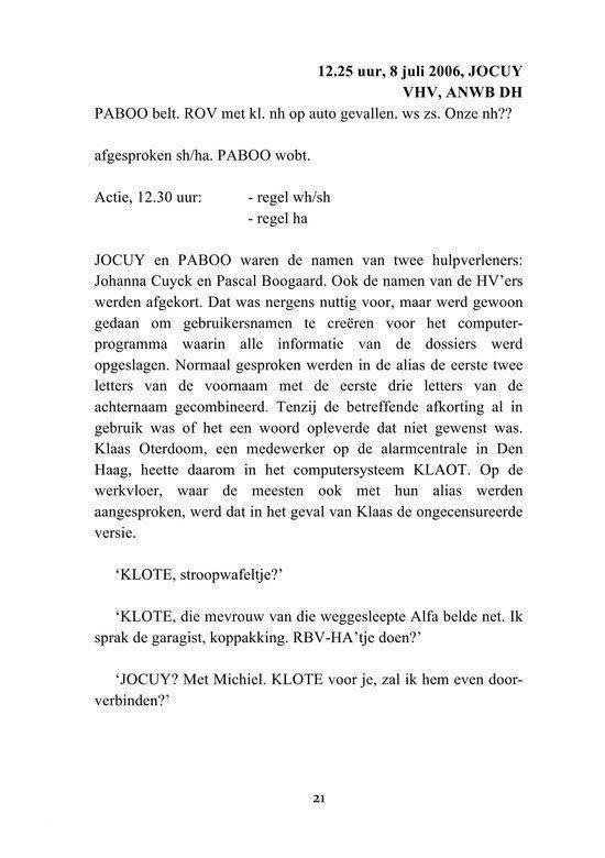Pagina met tekst over JOCUY en PABOO, twee hulpverleners, en hun gebruik van aliassen. Links een voetnoot over 'KLOTE'.
