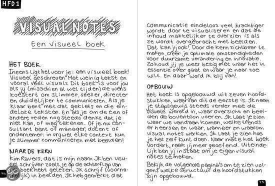 Twee pagina's uit een boek met de titel 'HFD1 VISUAL NOTES Een visueel boek'. De pagina's bevatten tekst en illustraties die de inhoud van het boek uitleggen.