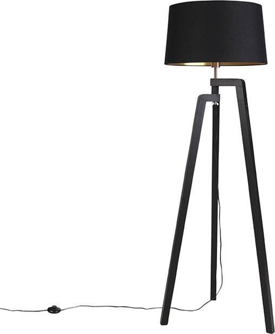 QAZQA puros - Landelijke Vloerlamp | Staande Lamp met kap - 1 lichts - H 1535 mm - Zwart Goud - Woonkamer | Slaapkamer | Keuken