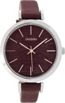 OOZOO Timepieces - Zilverkleurige horloge met bordeaux rode leren band - C9137