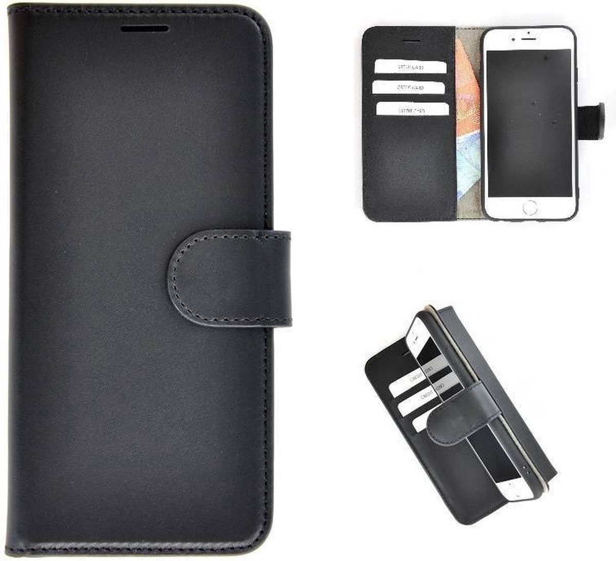 Pearlycase Echt Leder Wallet Bookcase Geschikt voor iPhone 8 Hoesje Zwart