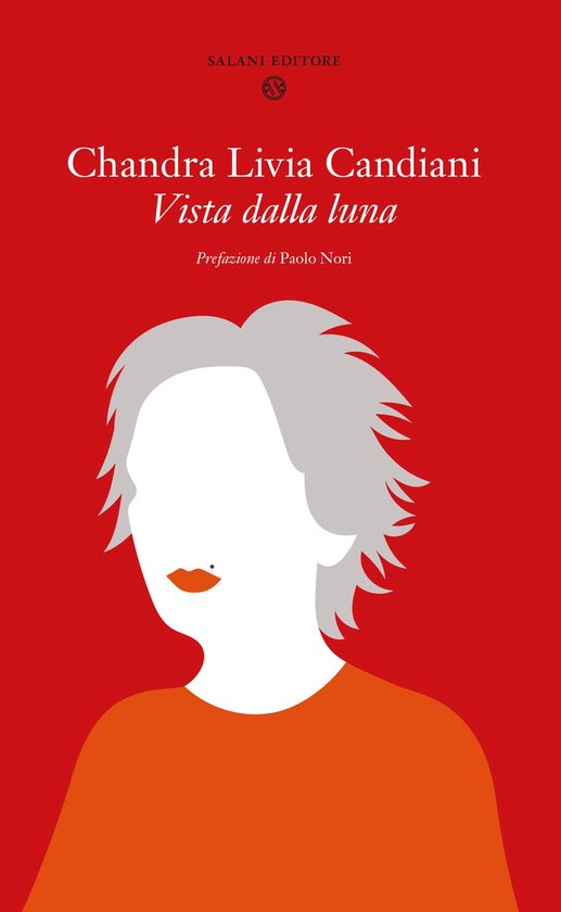 Boekomslag 'Vista dalla luna' met een minimalistische illustratie van een vrouw met grijs haar op een rode achtergrond.