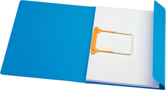 Blauwe map met oranje clipmechanisme en witte stokken om papieren vast te zetten.