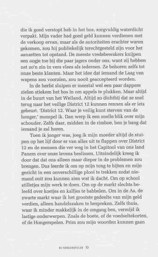 Tekstpagina met dialoog uit De Hongerspelen. Geen afbeeldingen.