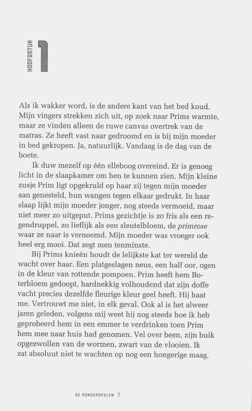Tekstpagina uit De Hongerspelen met een paginakop 'HOOFDSTUK 1'. Geen afbeeldingen.