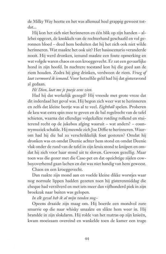 Bladzijde met tekst over een dronken rit en een whisky.