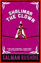 Boekomslag van Shalimar the Clown door Salman Rushdie, met een paarse achtergrond en een figuur die op een koord loopt.