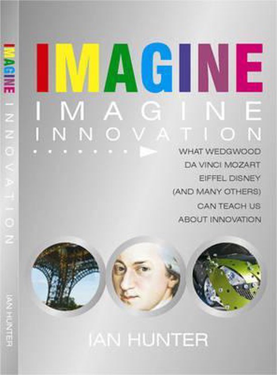 Boek "IMAGINE INNOVATION" van Ian Hunter met kleurrijke letters 'IMAGINE'. Bevat afbeeldingen van de Eiffeltoren, Mozart en een groene auto.