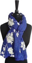Dames sjaal - katoen - polyester - borduurwerk - geborduurd - koningsblauw - bloemen - 70 x 175 cm