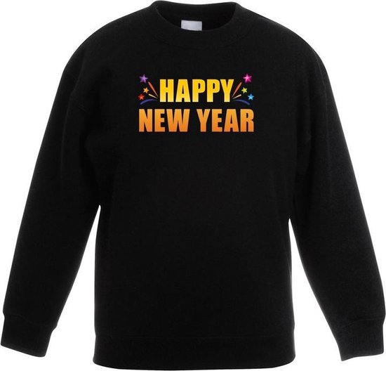 Oud en nieuw sweater/ trui Happy new year zwart heren - Nieuwjaars kleding 134/146