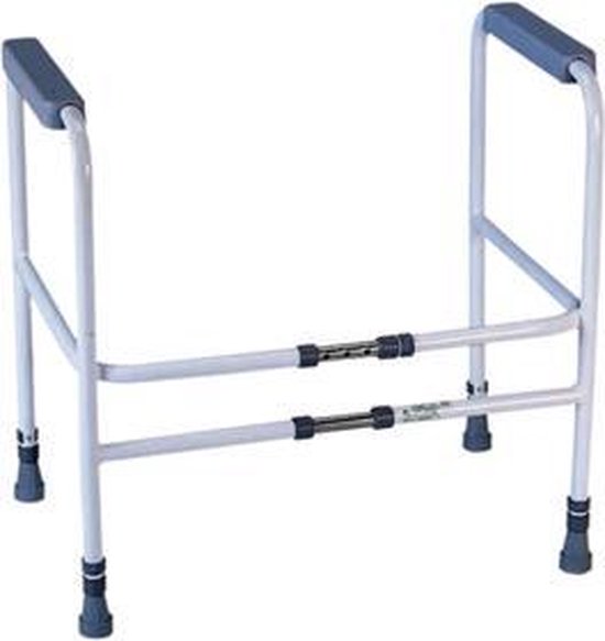 Wit toiletframe met grijze armleuningen.