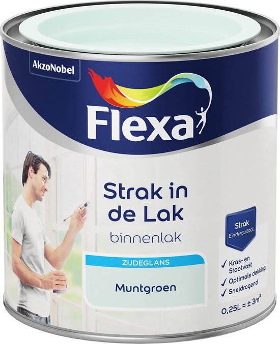 Flexa Strak in de Lak zijdeglans muntgroen blik met afbeelding van een schilder. Kras- en stootvast, optimale dekking, sneldrogend.