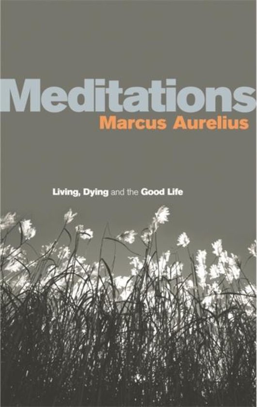 Boek 'Meditations' van Marcus Aurelius, met de ondertitel 'Living, Dying and the Good Life', op een grijze achtergrond met grassen.