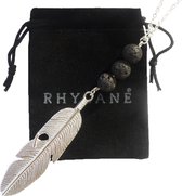 Collier long couleur argent 70 + 5 cm avec pendentif plume et véritables pierres de lave - Rhylane