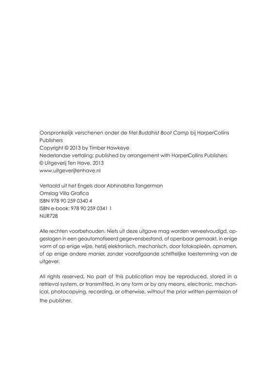 Colofon van het boek "Buddhist Boot Camp", met auteurs-, copyright- en uitgeversinformatie.