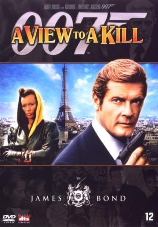 Roger Moore als James Bond met in de achtergrond Grace Jones en de Eiffeltoren, voor de film 'A View to a Kill'.