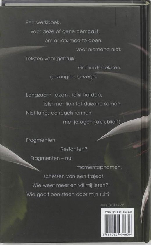 Achterkant boek met tekst: Een werkboek. Voor deze of gene gemaakt, om er iets mee te doen. Voor niemand niet. Teksten voor gebruik. Gebruikte teksten: gezongen, gezegd. Langzaam lezen, liefst hardop, liefst met tien tot duizend samen. Niet langs de regels rennen met je ogen (alstublieft). Fragmenten. Restanten? Fragmenten - nu, momentopnamen, schetsen van een traject. Wie weet meer en wil mij leren? Wie gooit een steen door mijn ruit? ISBN 90 259 5465 0.