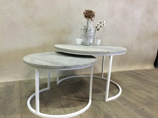 Set van 2 salontafels met grijs houten blad, wit onderstel | bol.com