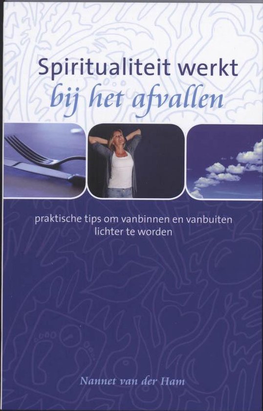Boekomslag 'Spiritualiteit werkt bij het afvallen', met vrouw, mes en vork, en wolken.