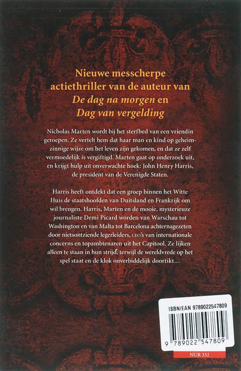 Achterkant boek "Dag van de samenzwering", met tekst over het plot.