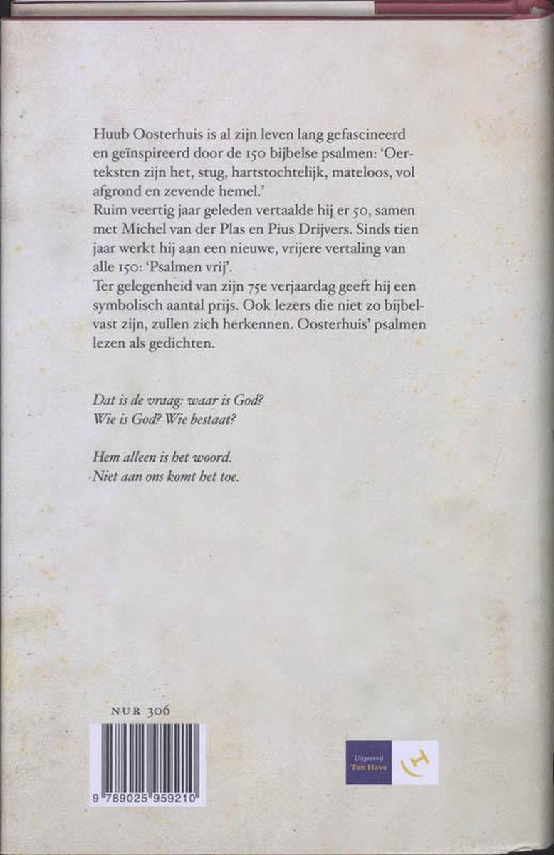 Achterkant van een boek met tekst over Huub Oosterhuis en 150 psalmen.