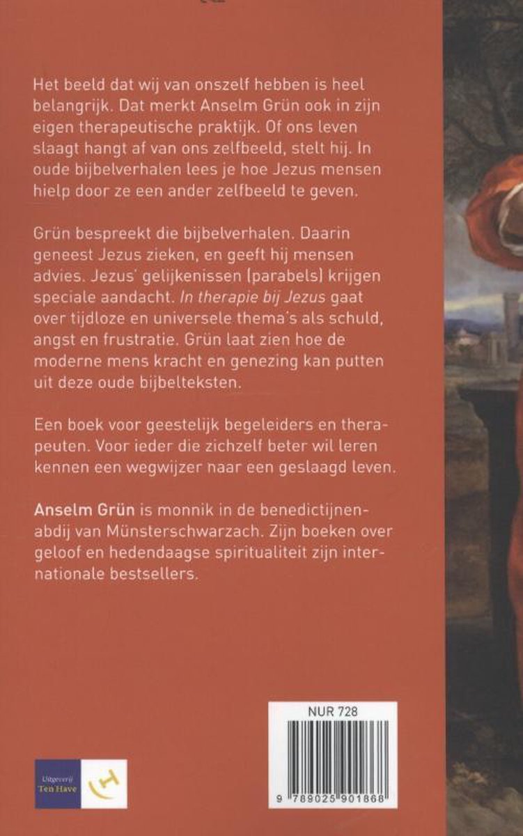 Boekcover met tekst over Anselm Grün en 'In therapie bij Jezus'.