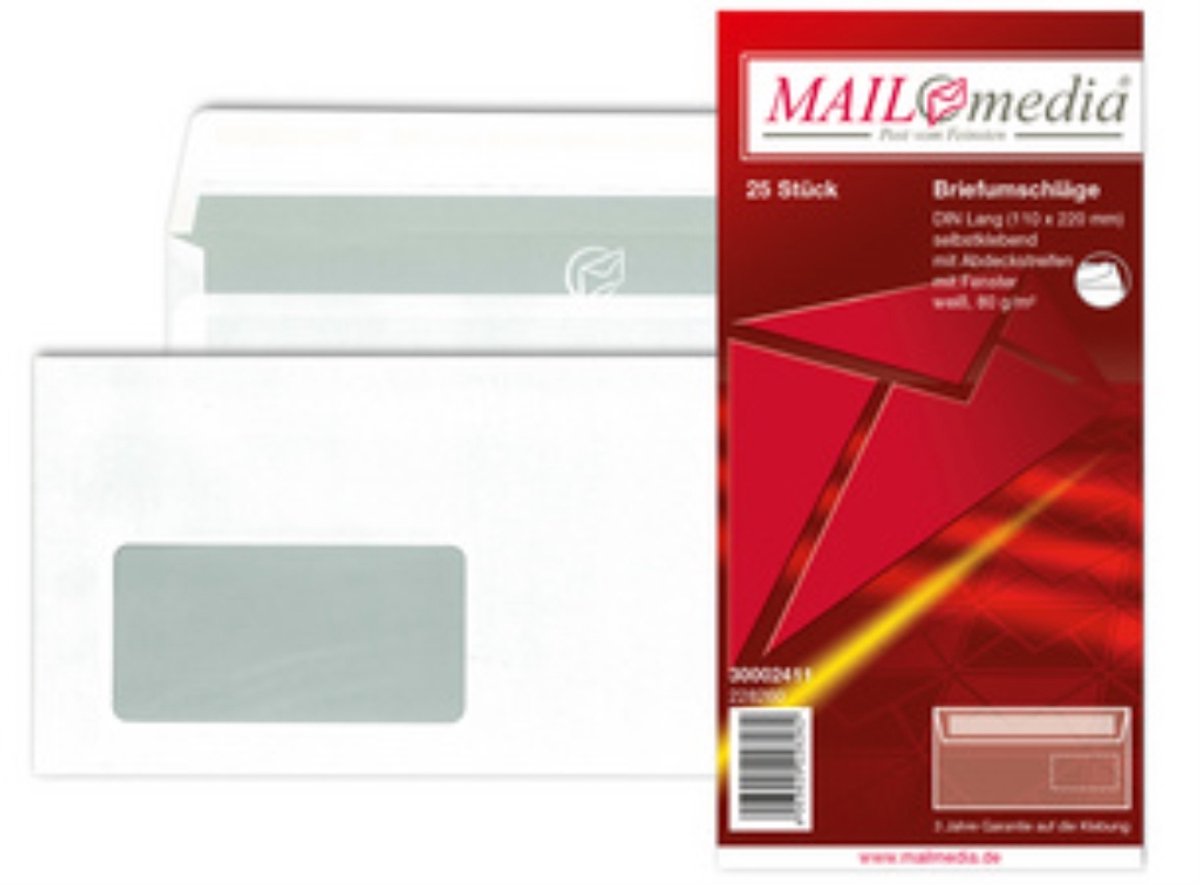 MAILmedia enveloppen DIN Lang, wit, venster links, 100 stuks