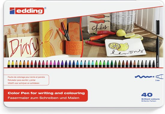 edding 1300 feutre de coloriage fin pointe moyenne - multicolore - 40 stylos - pointe ronde 2 mm - pour dessiner et écrire - pour l'école, les mandalas, le doodling, les bullet journals