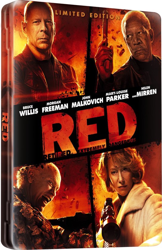 De voorkant van de limited edition Metal Case Blu-ray van de film RED, met vier portretten van de hoofdrolspelers.