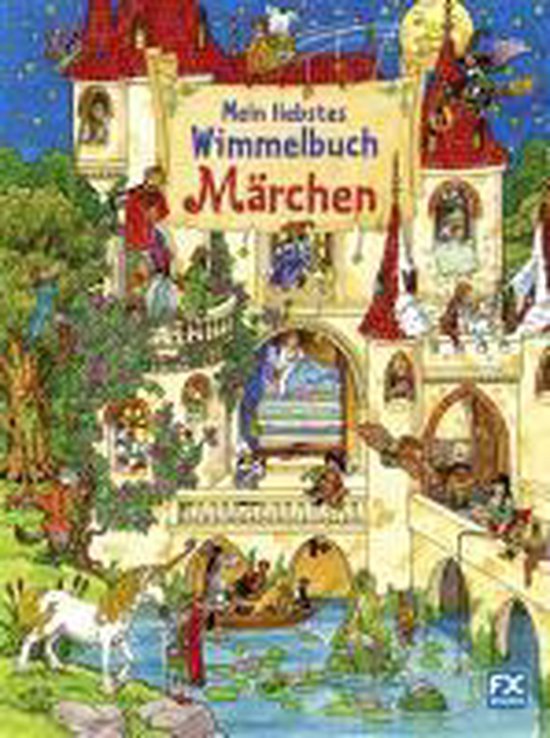 Kasteel met eenhoorn, bootjes, feeën en prinsesjes. Met de titel 'Mein liebstes Wimmelbuch Märchen'.