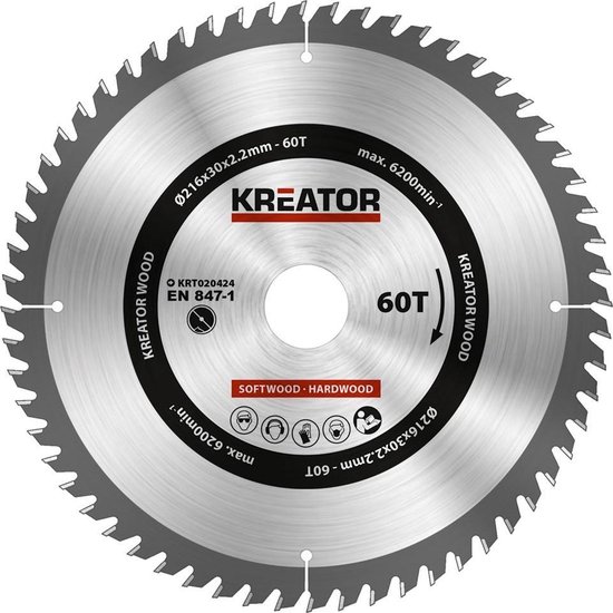 Kreator KRT020424 Zaagblad hout 216 mm - 60T