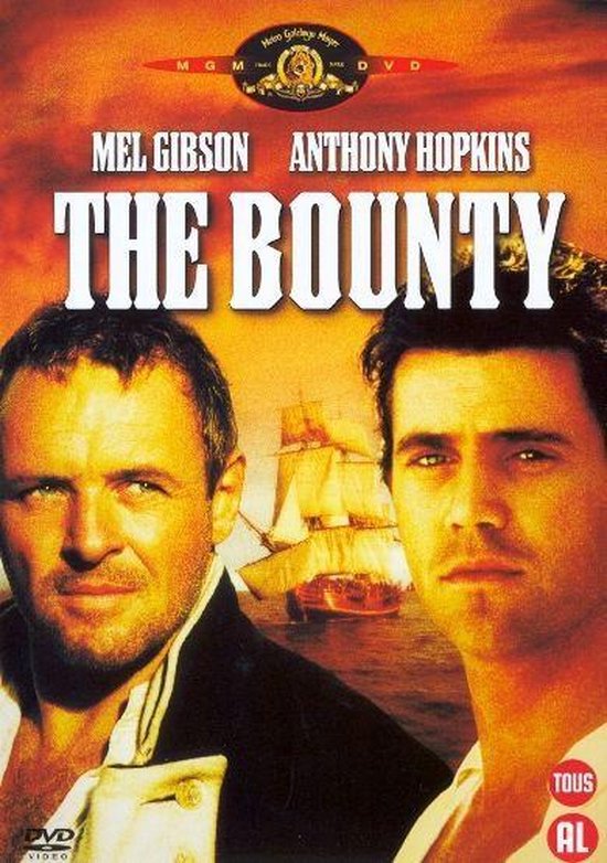 DVD hoes van The Bounty met Mel Gibson en Anthony Hopkins. Zeilschip op de achtergrond.