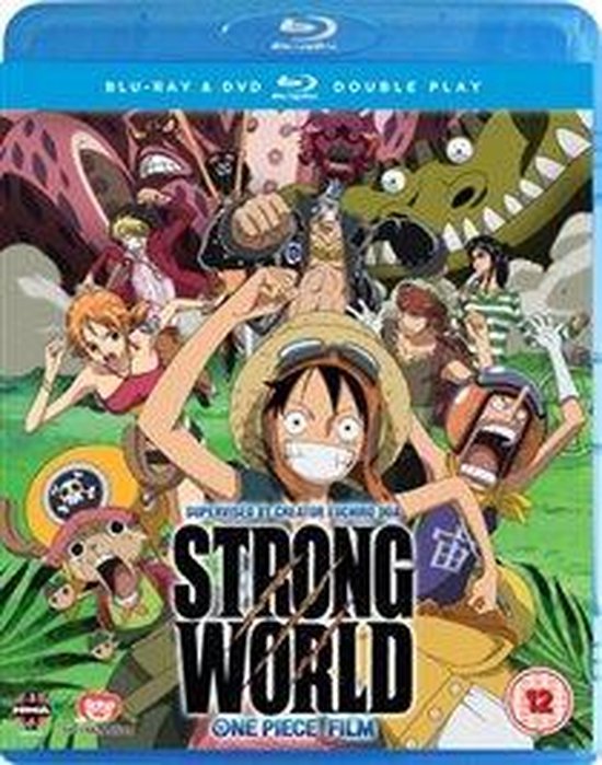 Voor- en achterkant Blu-ray hoesje van One Piece Film: Strong World met de hoofdpersonages en tekst.