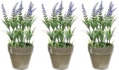 3x Groene/paarse Lavandula/lavendel kunstplanten 25 cm in grijze betonlook pot - Kunstplanten/nepplanten