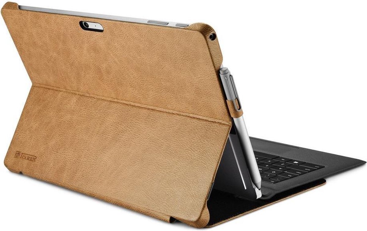iCarer - Microsoft Surface Pro 4 Hoes - Luxe Book Cover Echt Leer Licht Bruin