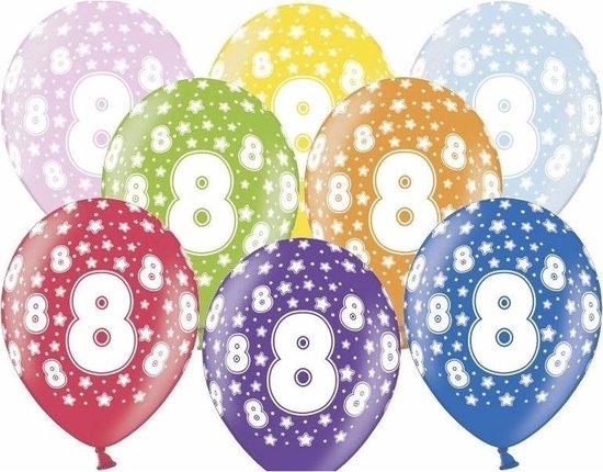 6x Ballonnen cijfer 8 met sterretjes print 30 cm - leeftijd feestversieringen - verjaardag / themafeest / feestartikelen