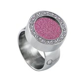 Quiges RVS Schroefsysteem Ring met Zirkonia Zilverkleurig Glans 19mm met Verwisselbare Glitter Roze 12mm Mini Munt