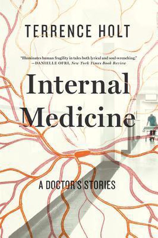 Boek 'Internal Medicine' van Terrence Holt, met een gele en oranje bloedvatachtige print en een dokterskamer op de achtergrond.