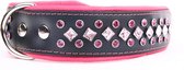 Dog's Companion - Leren halsband met kristallen - Lengte: 55cm (45-53cmx40 mm), Kleur: Zwart/Roze