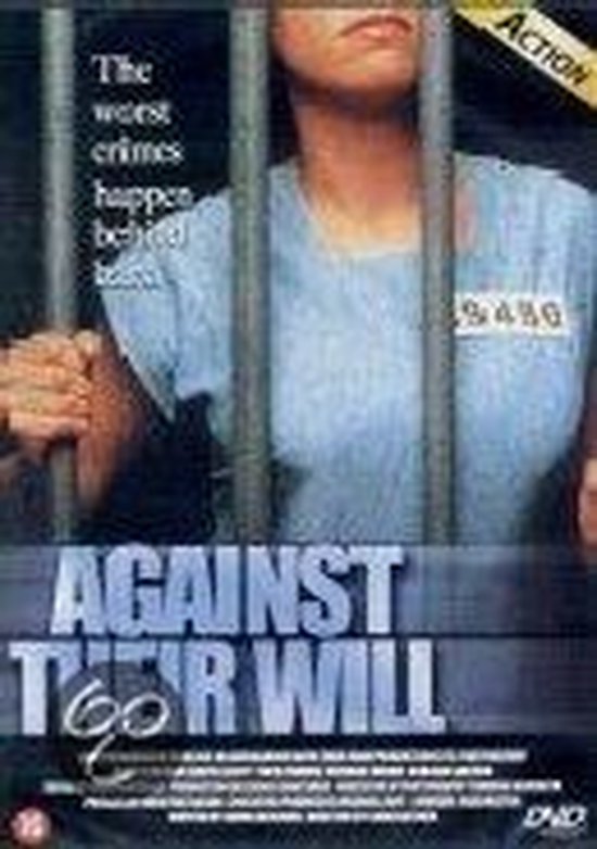 Een vrouw in een blauw gevangenispak achter tralies. "The worst crimes happen behind bars."