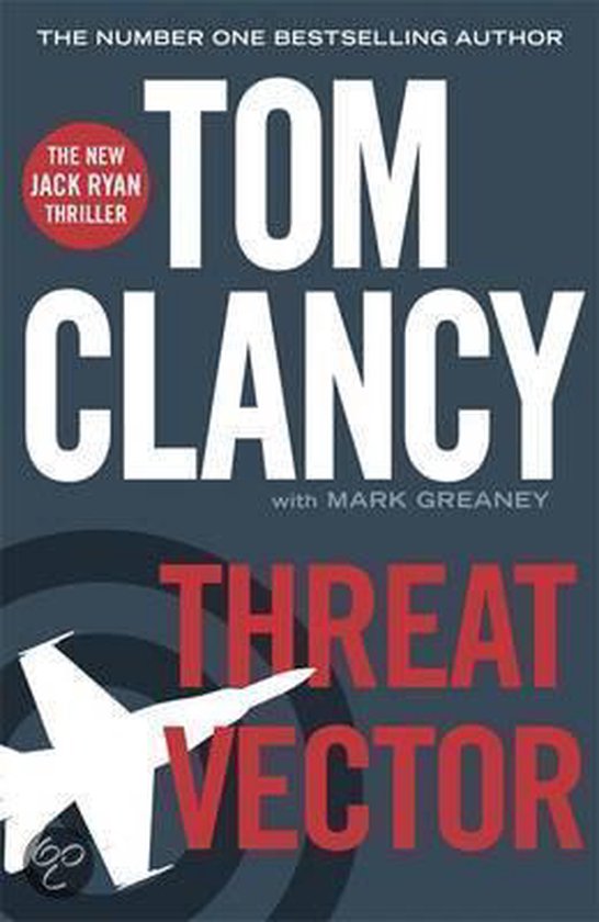 Boekcover van "Threat Vector" door Tom Clancy, met een wit vliegtuig voor een donkerblauwe achtergrond.