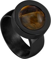 Quiges RVS Schroefsysteem Ring Zwart Glans 16mm met Verwisselbare Tijgersoog Bruin 12mm Mini Munt