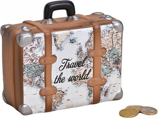 Spaarpot koffer spaar voor vakanties over de hele wereld