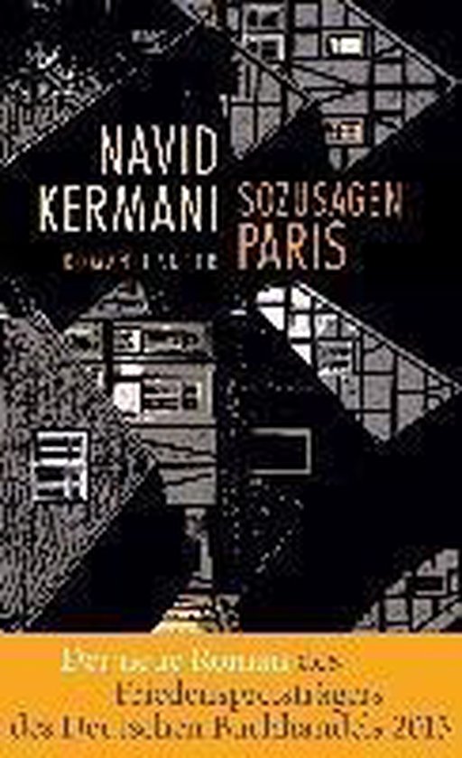 Boek 'Sozusagen Paris' van Navid Kermani met een zwart-wit geometrisch patroon en tekst.