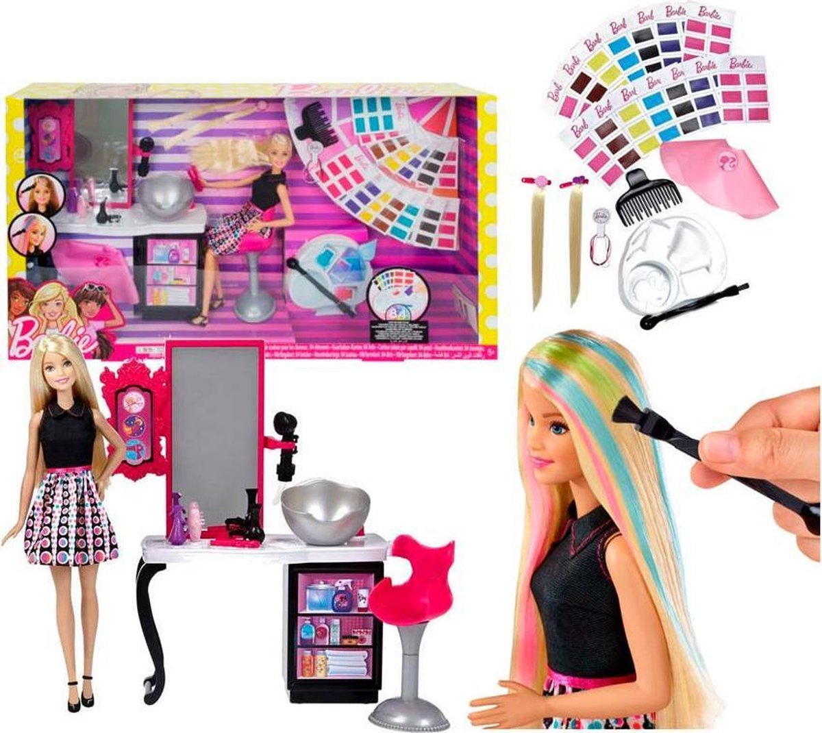Panter vloot energie Barbie haarsalon speelset - pop en kapsalon met hippe kleuren op kaartjes -  Mattel | bol.com