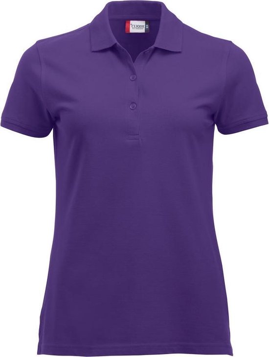 Paarse polo met korte mouwen, knoopsluiting en geborduurd logo.