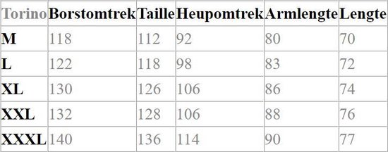 Tableau des tailles pour le sweatshirt STØRVIK Torino en centimètres : Tour de poitrine, Taille, Tour de hanches, Longueur de bras, Longueur.