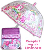 Paraplu Unicorn + rugzak meisjes | doorzichtige koepelparaplu Ø70cm kind | Eenhoorn gymtas US01