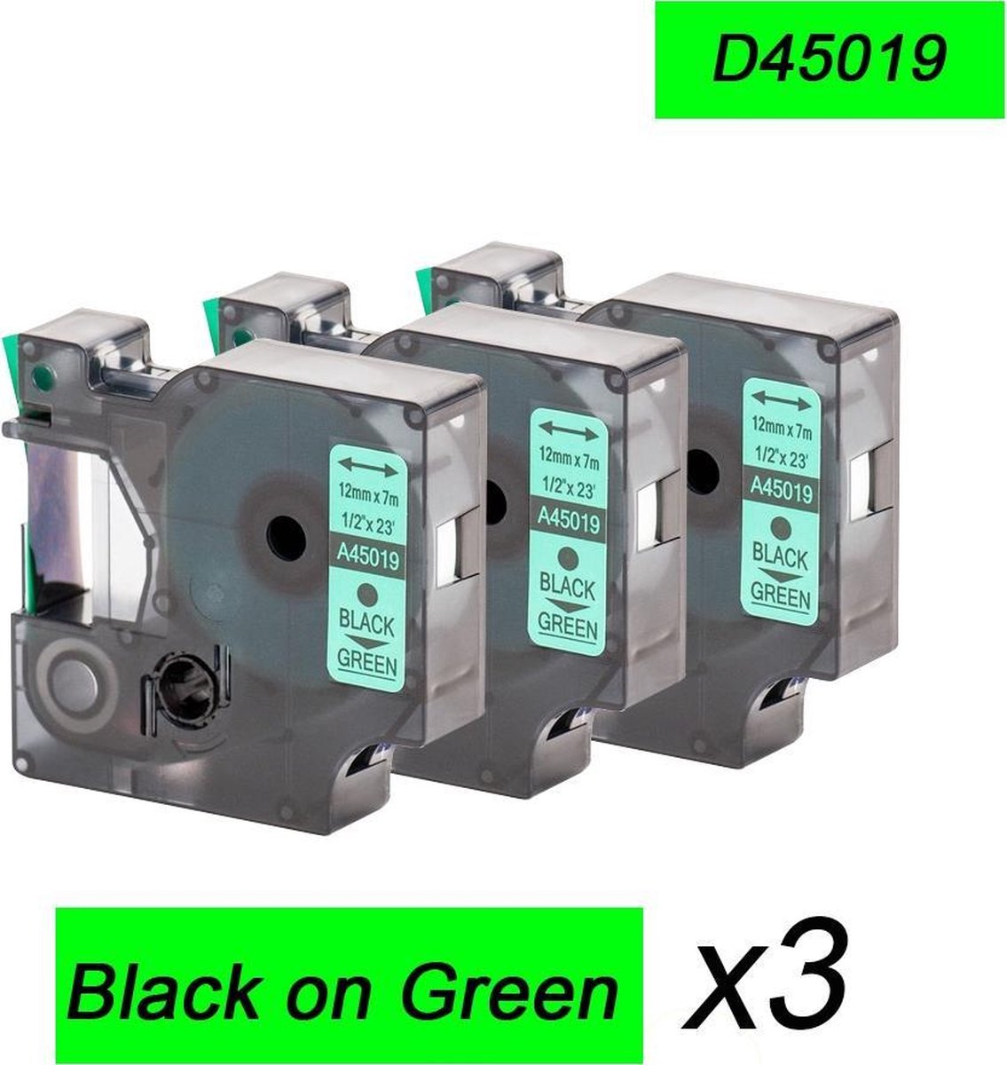 3x Compatible voor Dymo 45019 Standard Label Tape - Zwart op Groen - 12mm